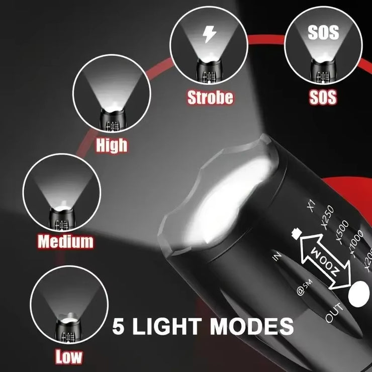 Lampe de poche tactique LED haute puissance Zoom 5 modes Torche portable étanche pour le camping Randonnée Chasse en plein air Alliage d'aluminium Lampe de poche tactique lumineuse LED 5 modes Zoomable Projecteur portable